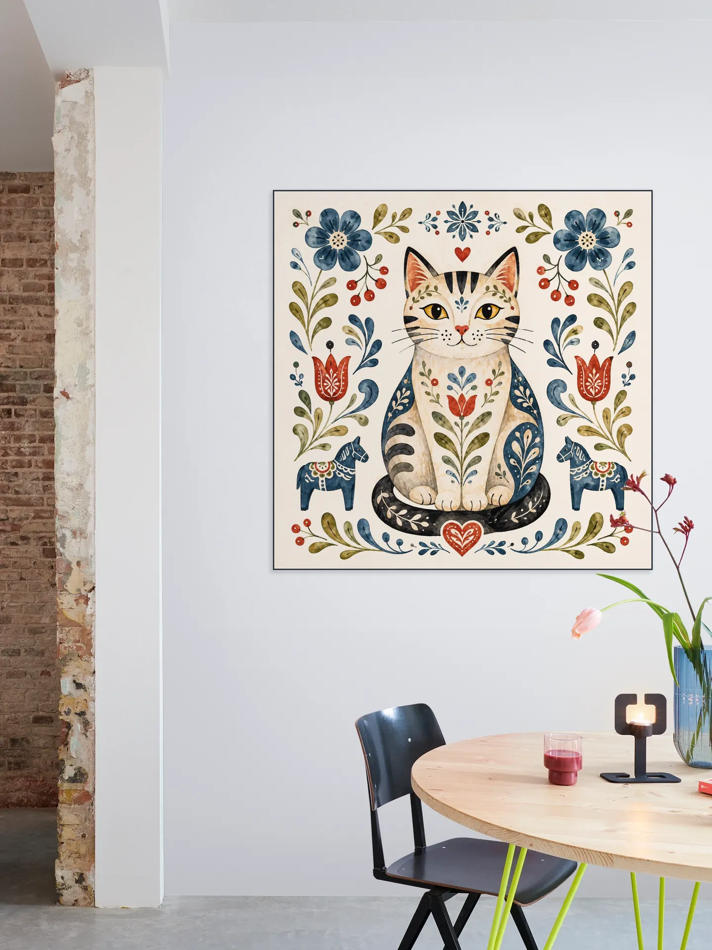 Scandinavian Folk Art - Cat with Flowers