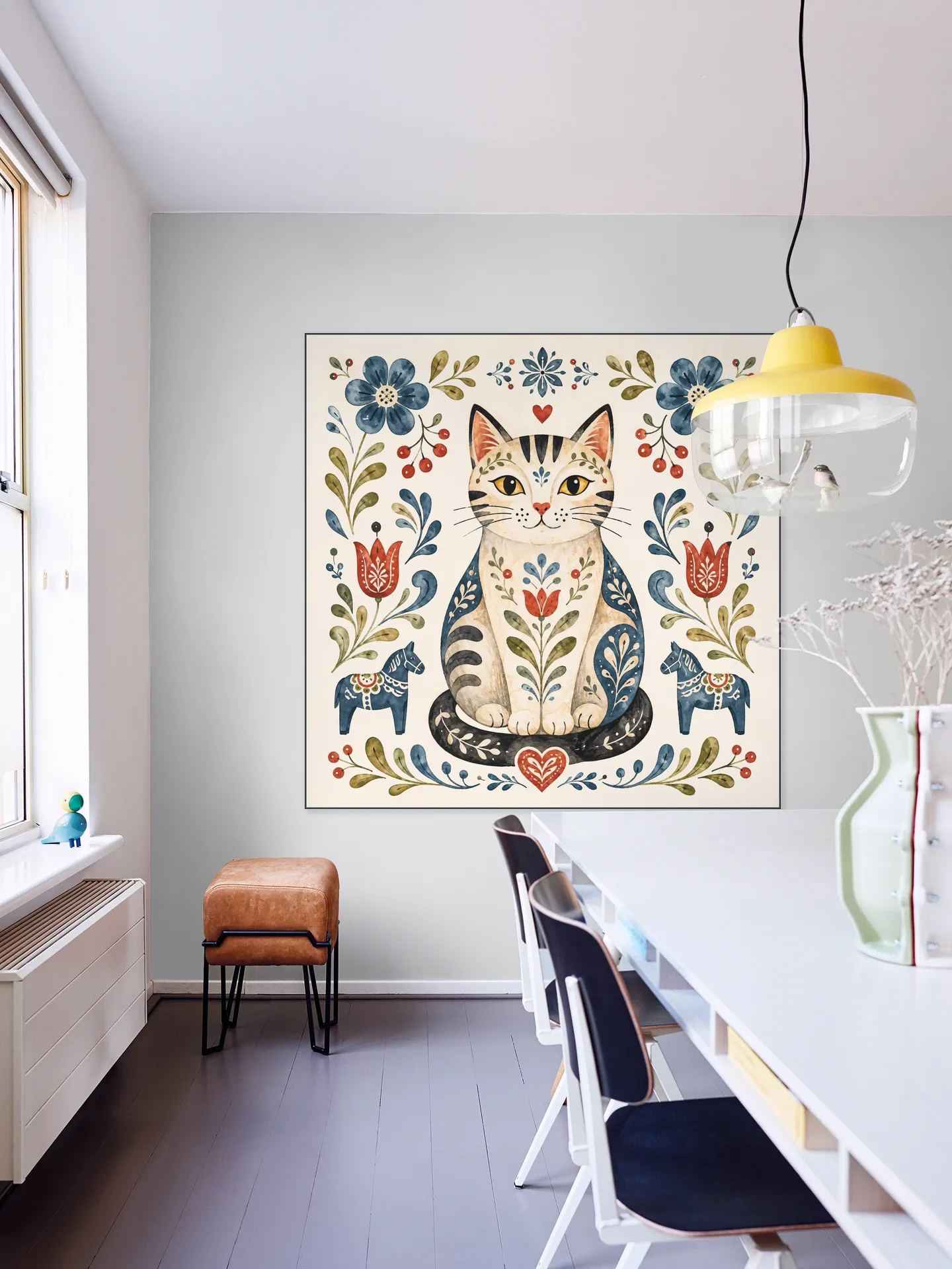 Scandinavian Folk Art - Cat with Flowers