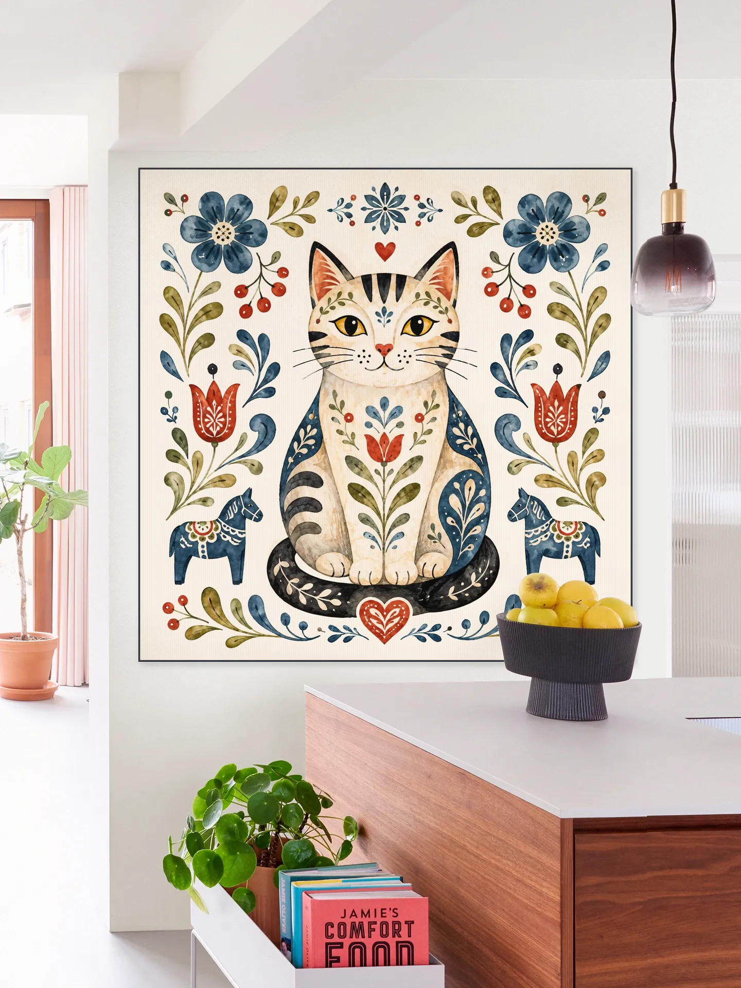 Scandinavian Folk Art - Cat with Flowers