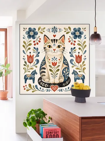 Scandinavian Folk Art - Cat with Flowers