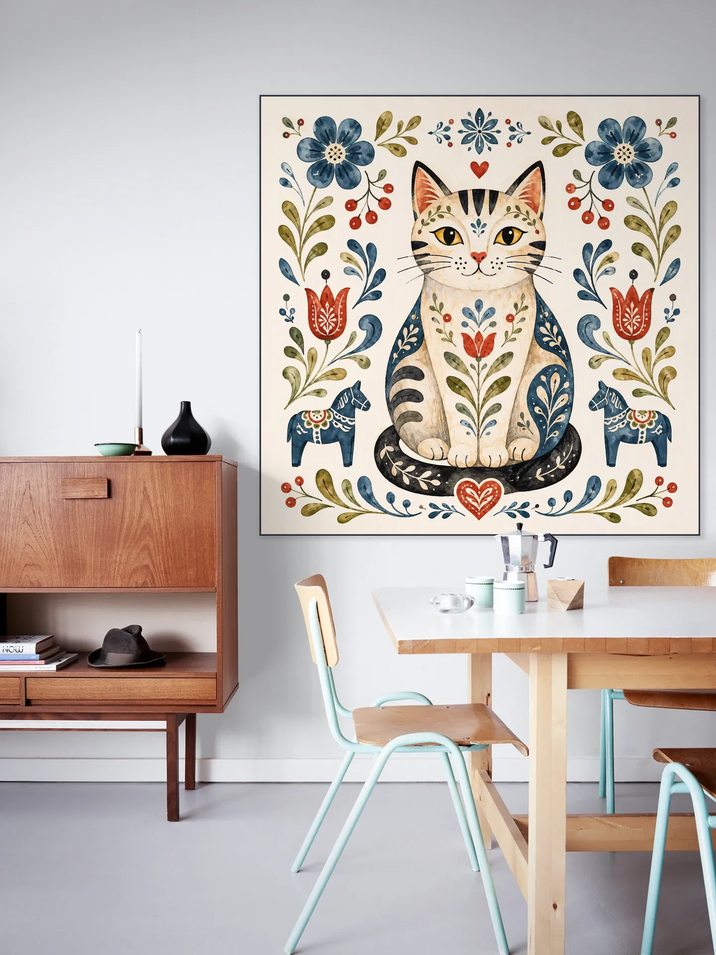 Scandinavian Folk Art - Cat with Flowers