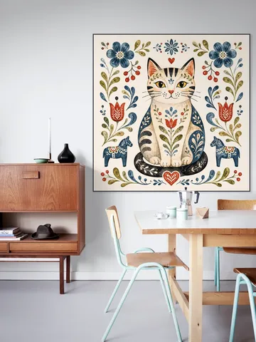 Scandinavian Folk Art - Cat with Flowers