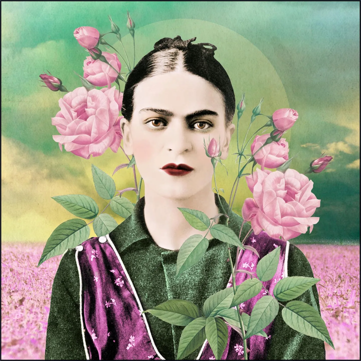 Frida in Fields of Roses