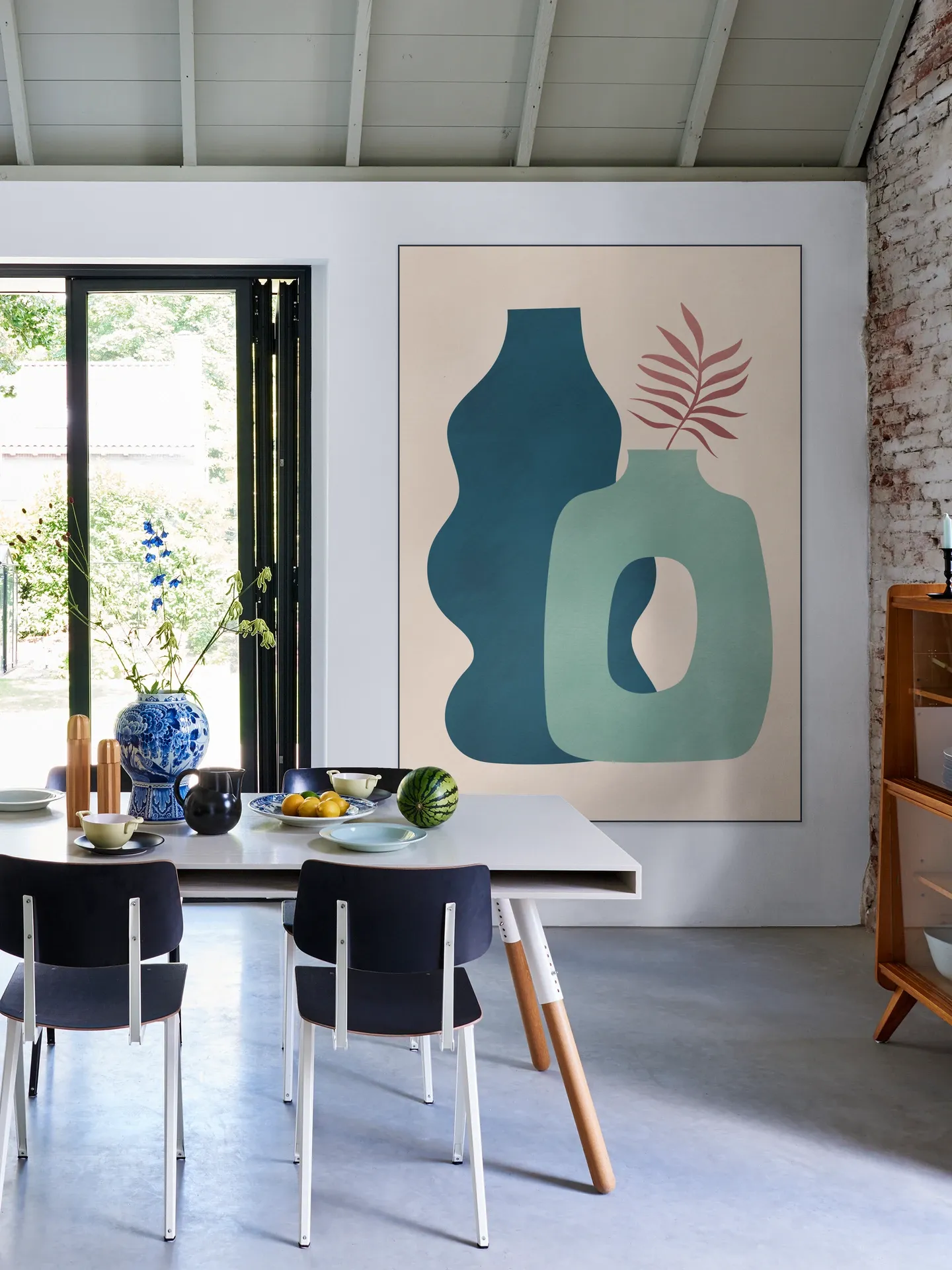 Minimalist Design with Blue and Green Vases