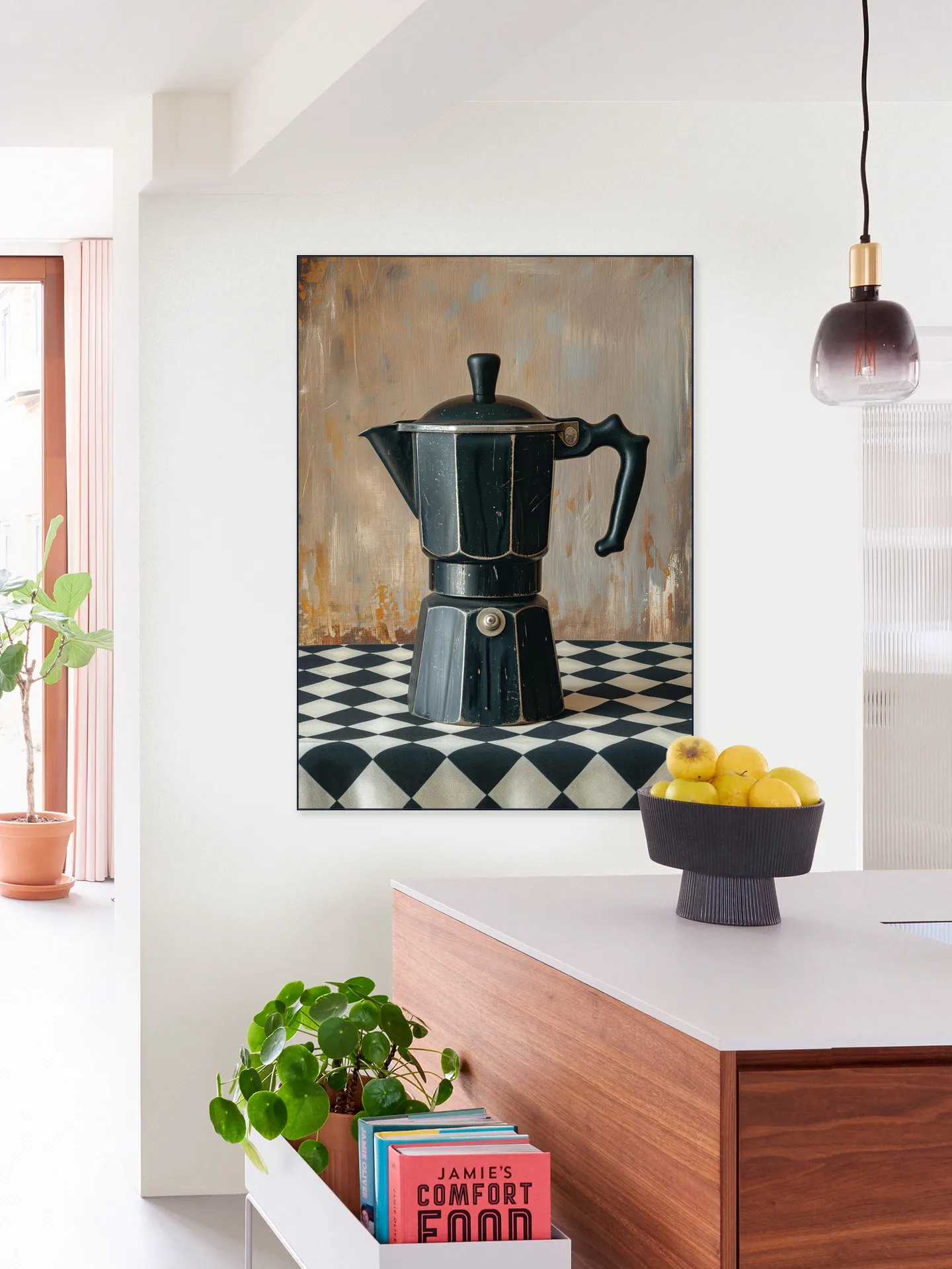 Black Coffee Percolator on Checkered Tablecloth