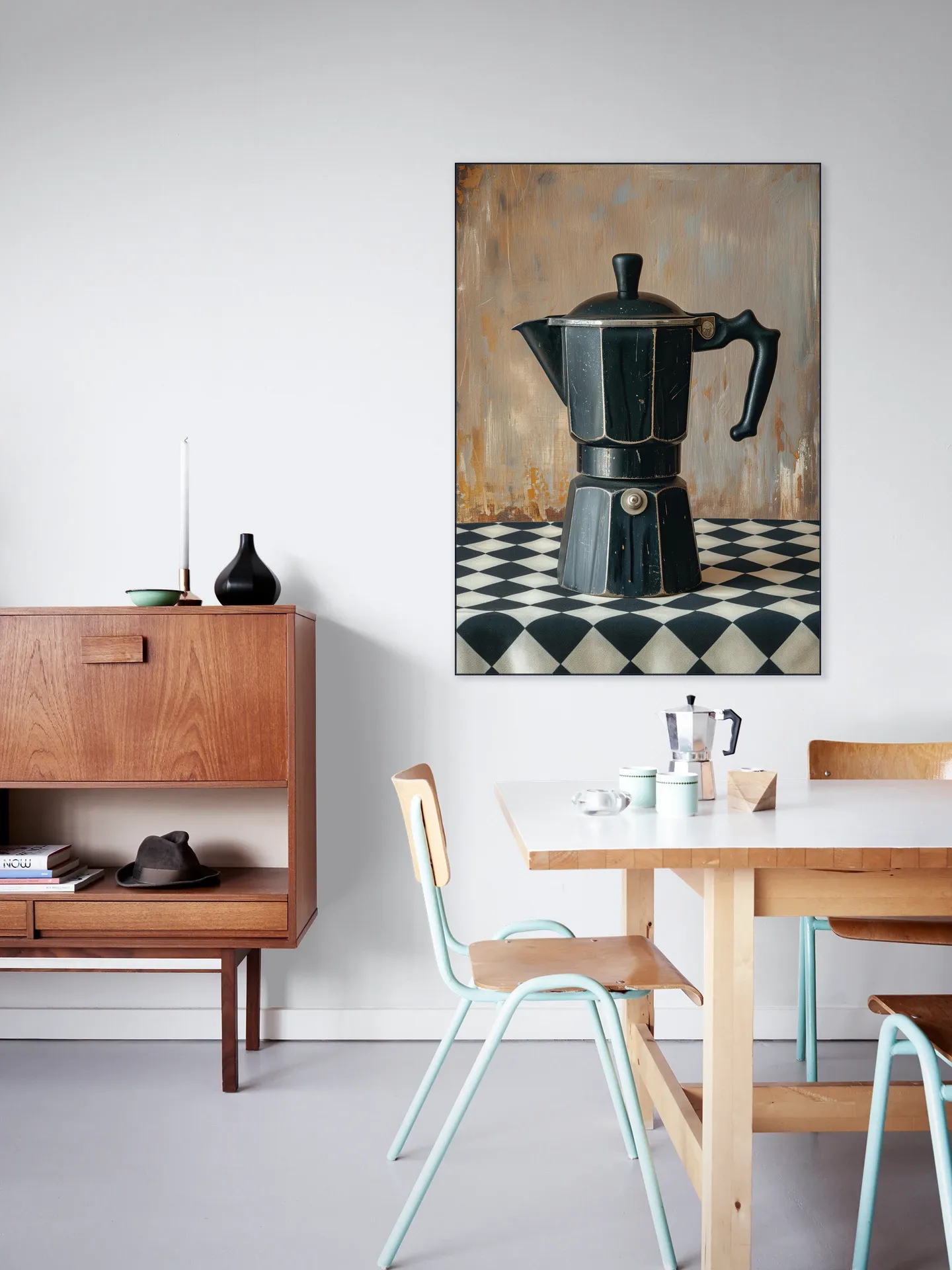 Black Coffee Percolator on Checkered Tablecloth