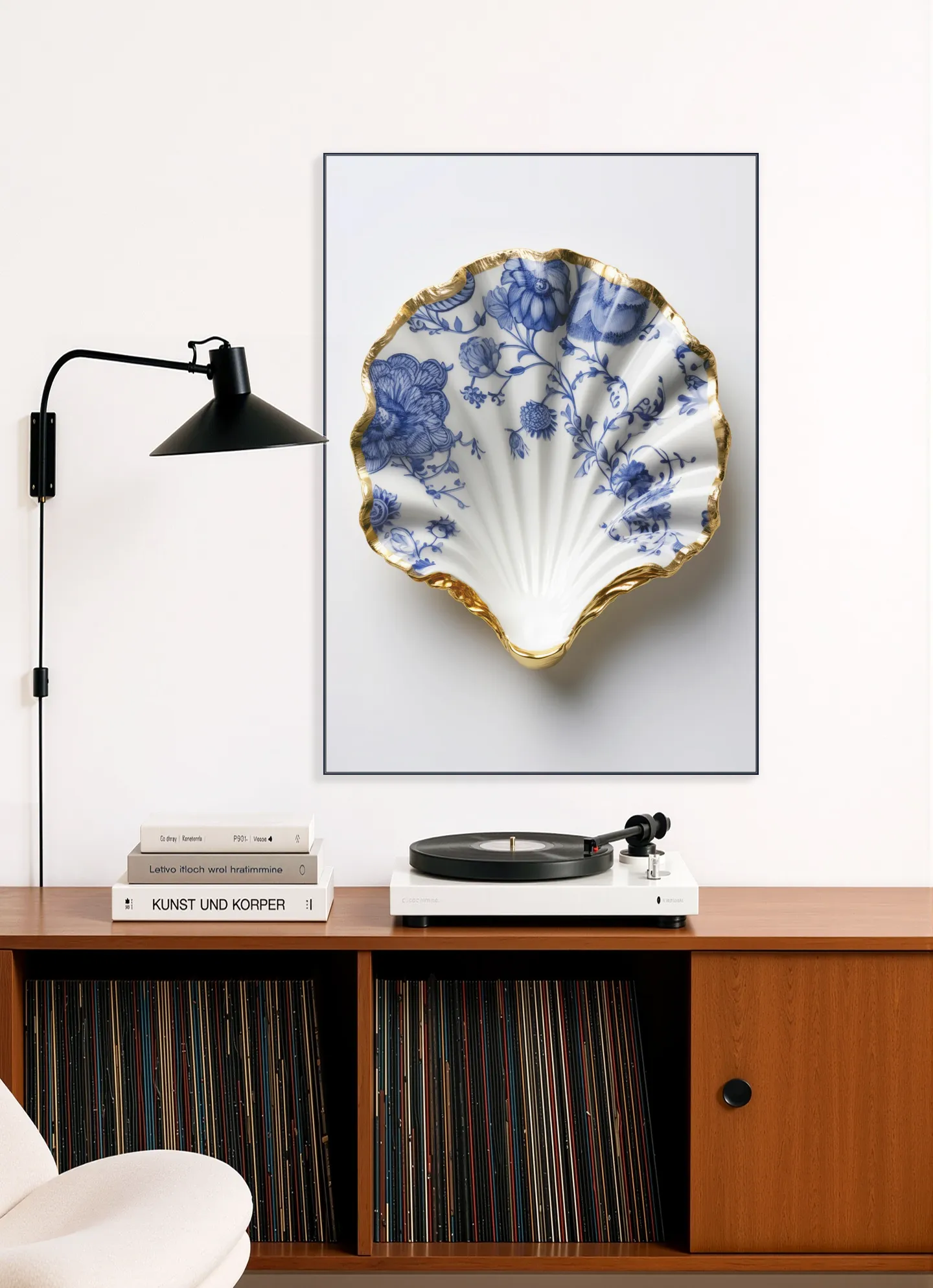 Delft Blue Shell with Gold Edge and Floral Pattern