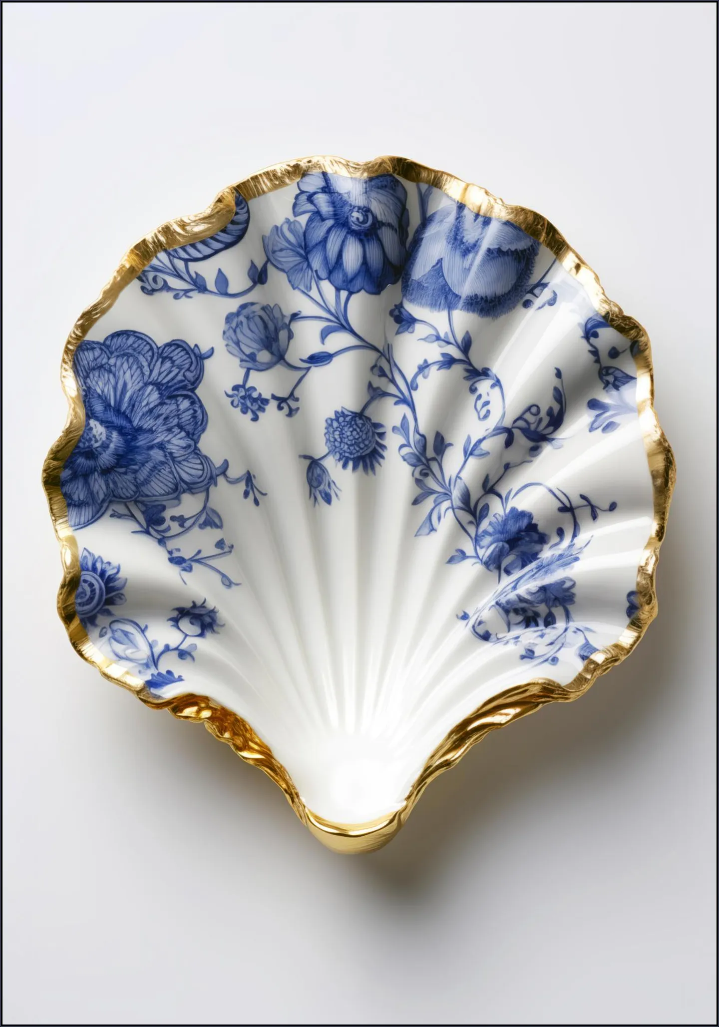 Delft Blue Shell with Gold Edge and Floral Pattern