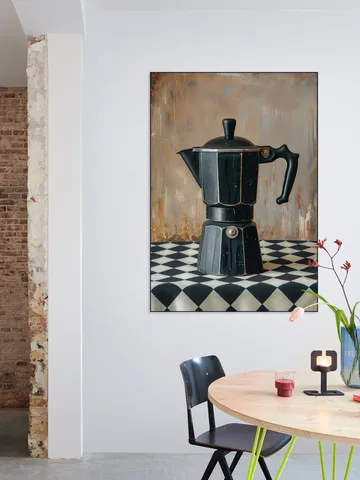 Black Coffee Percolator on Checkered Tablecloth