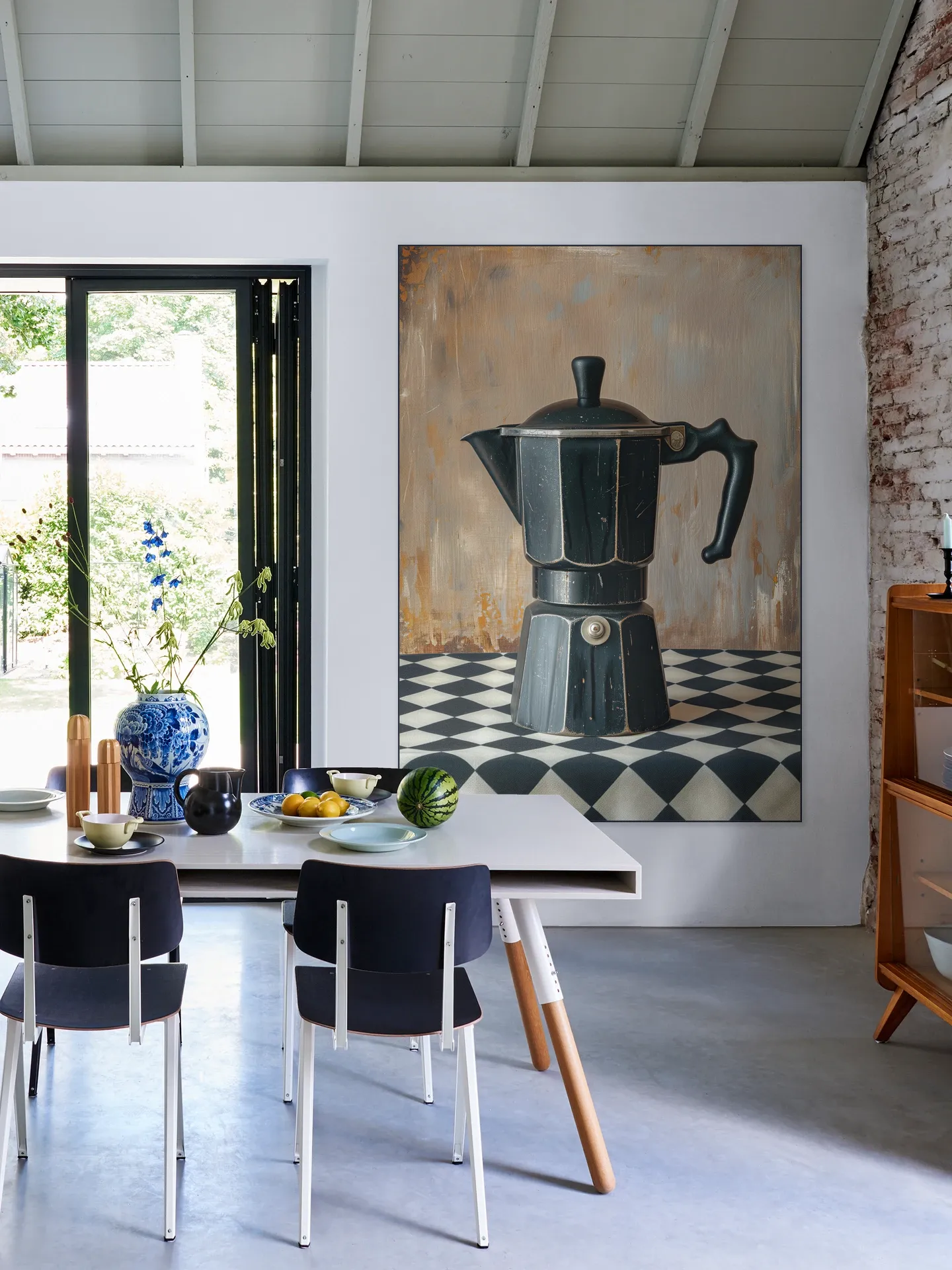 Black Coffee Percolator on Checkered Tablecloth