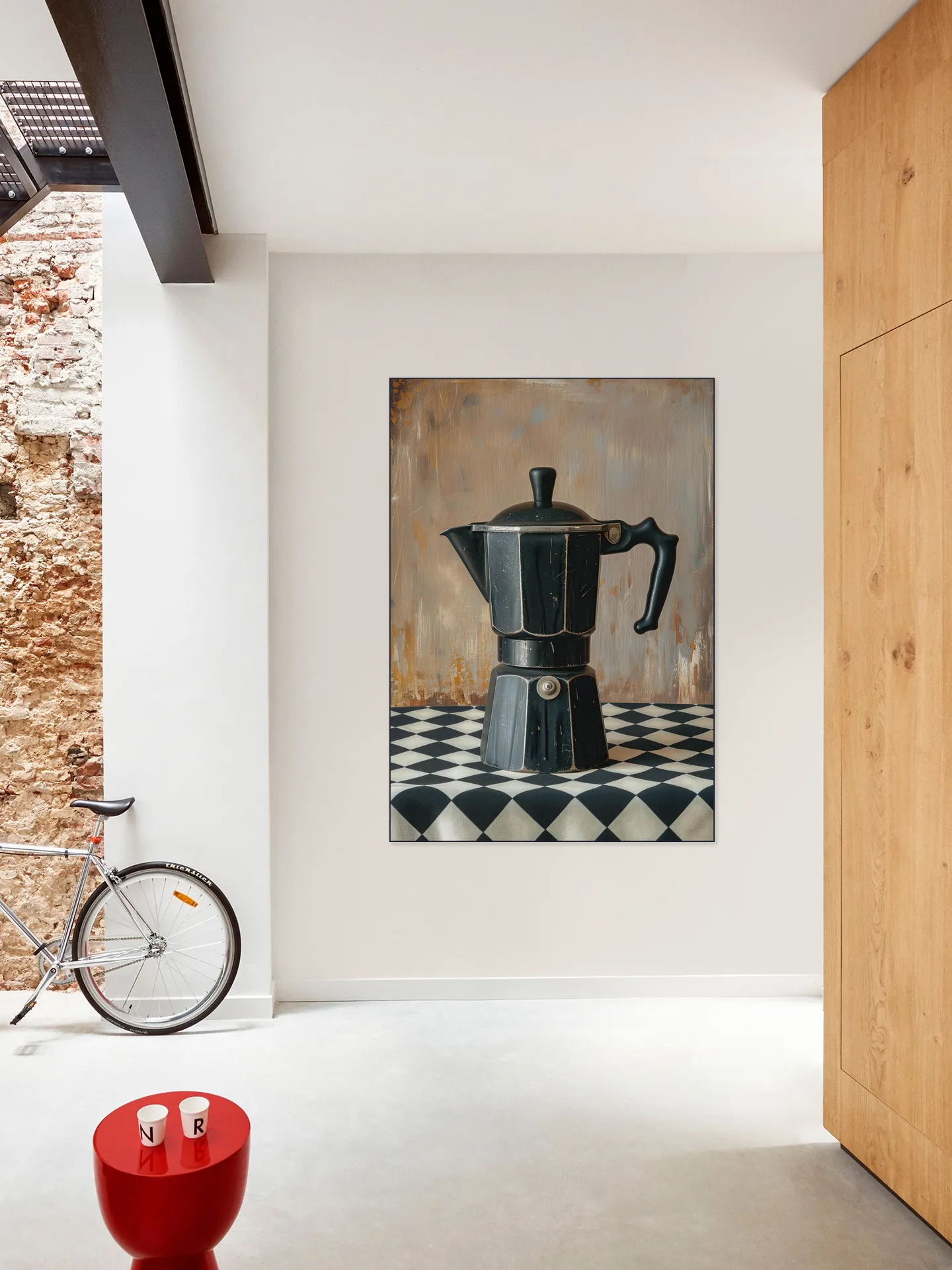 Black Coffee Percolator on Checkered Tablecloth