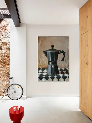 Black Coffee Percolator on Checkered Tablecloth