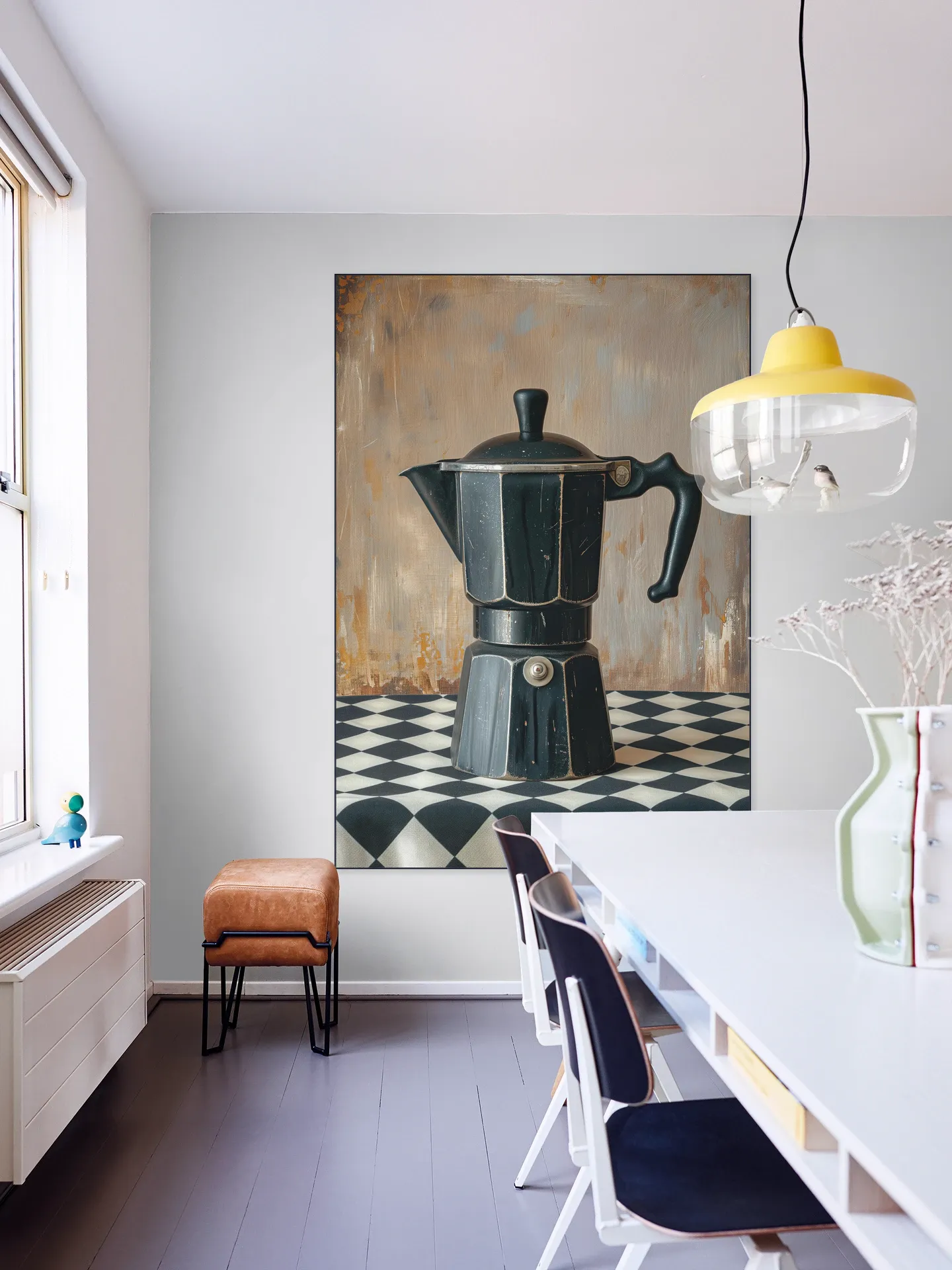 Black Coffee Percolator on Checkered Tablecloth