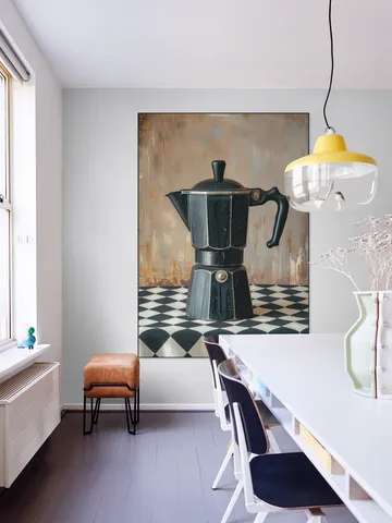 Black Coffee Percolator on Checkered Tablecloth