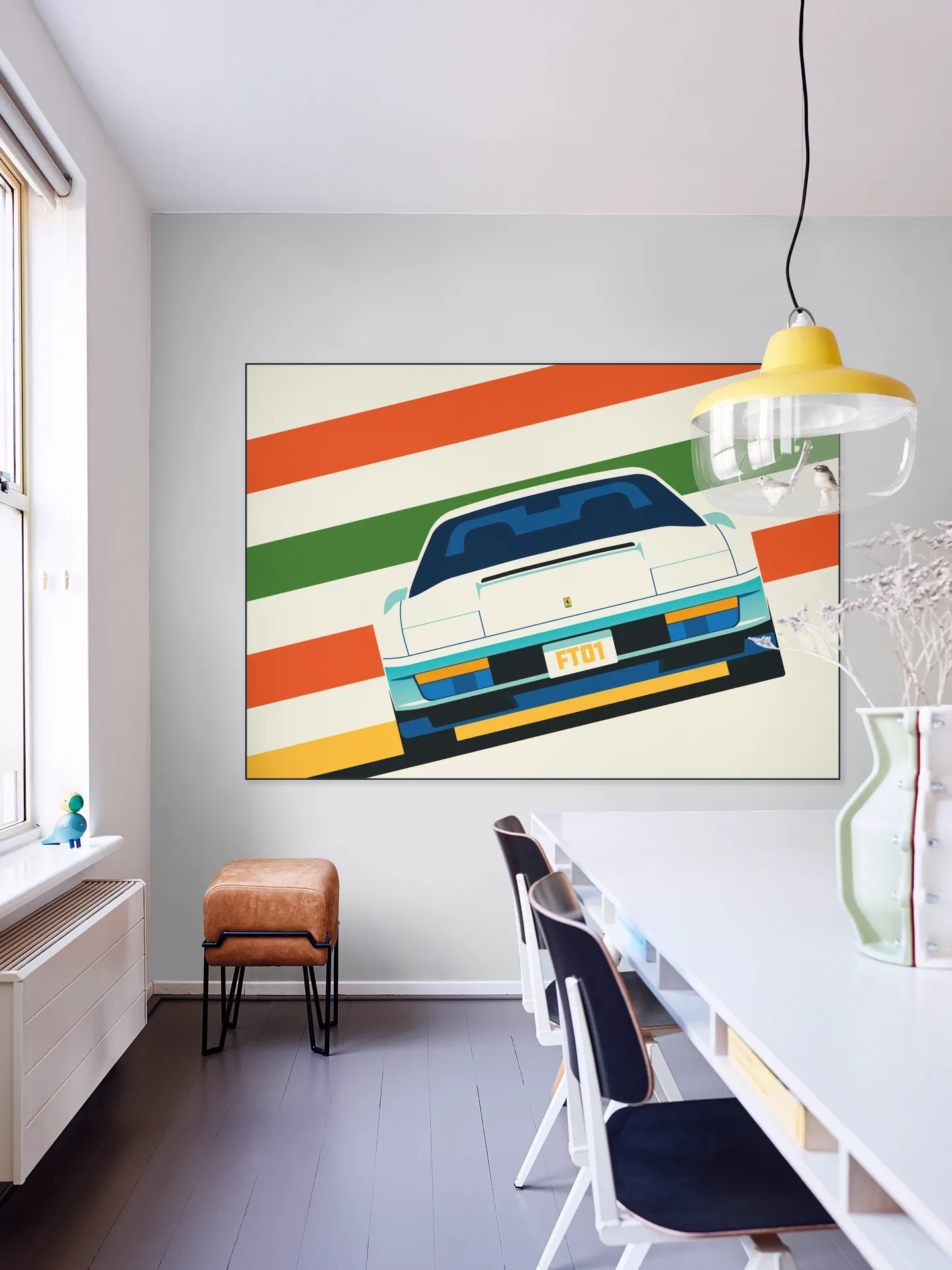 Angeled White Sports Car Front with Stripes