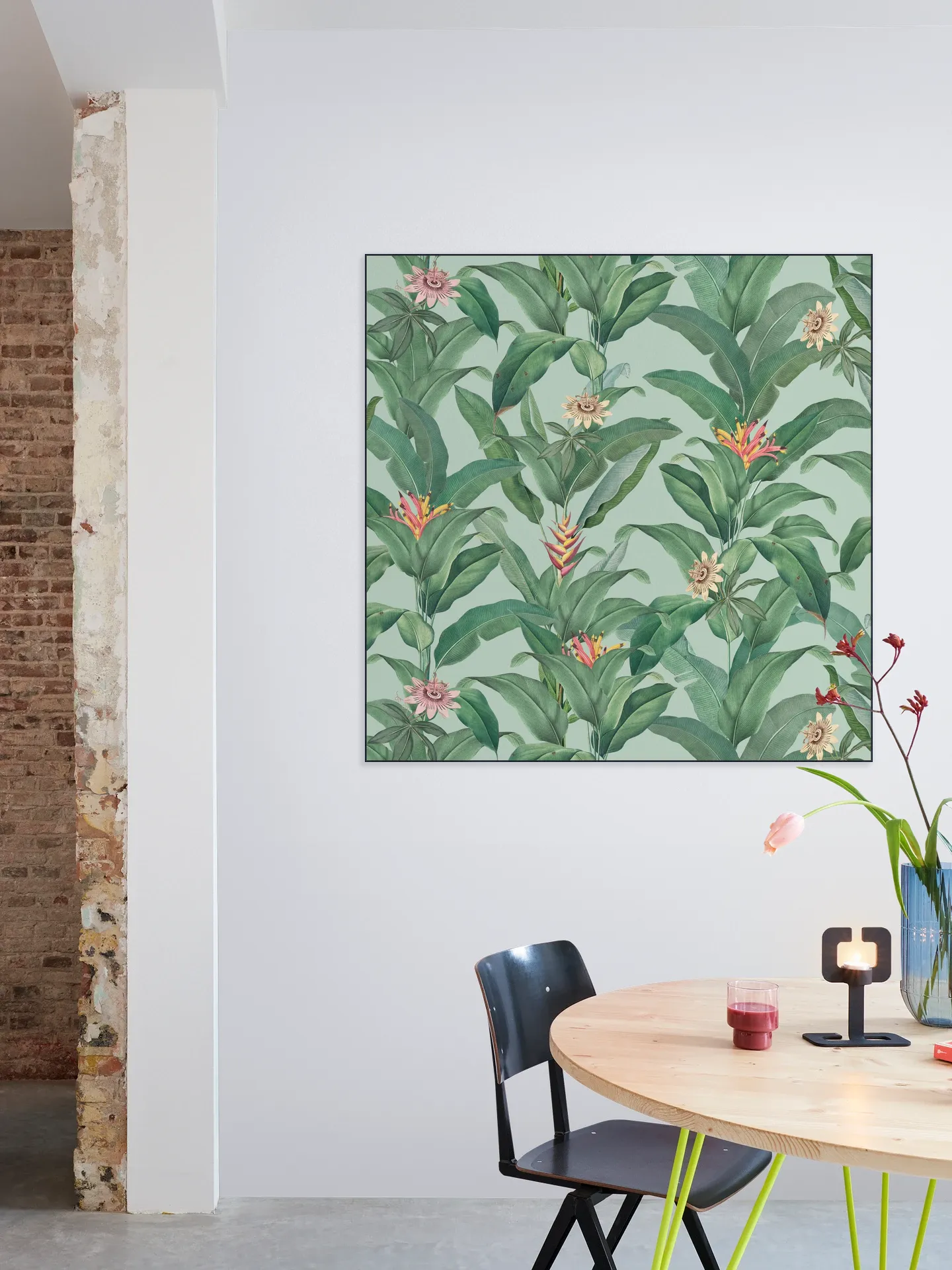 Tropical Jungle Climbing Leaves and passiflora flowers - mint