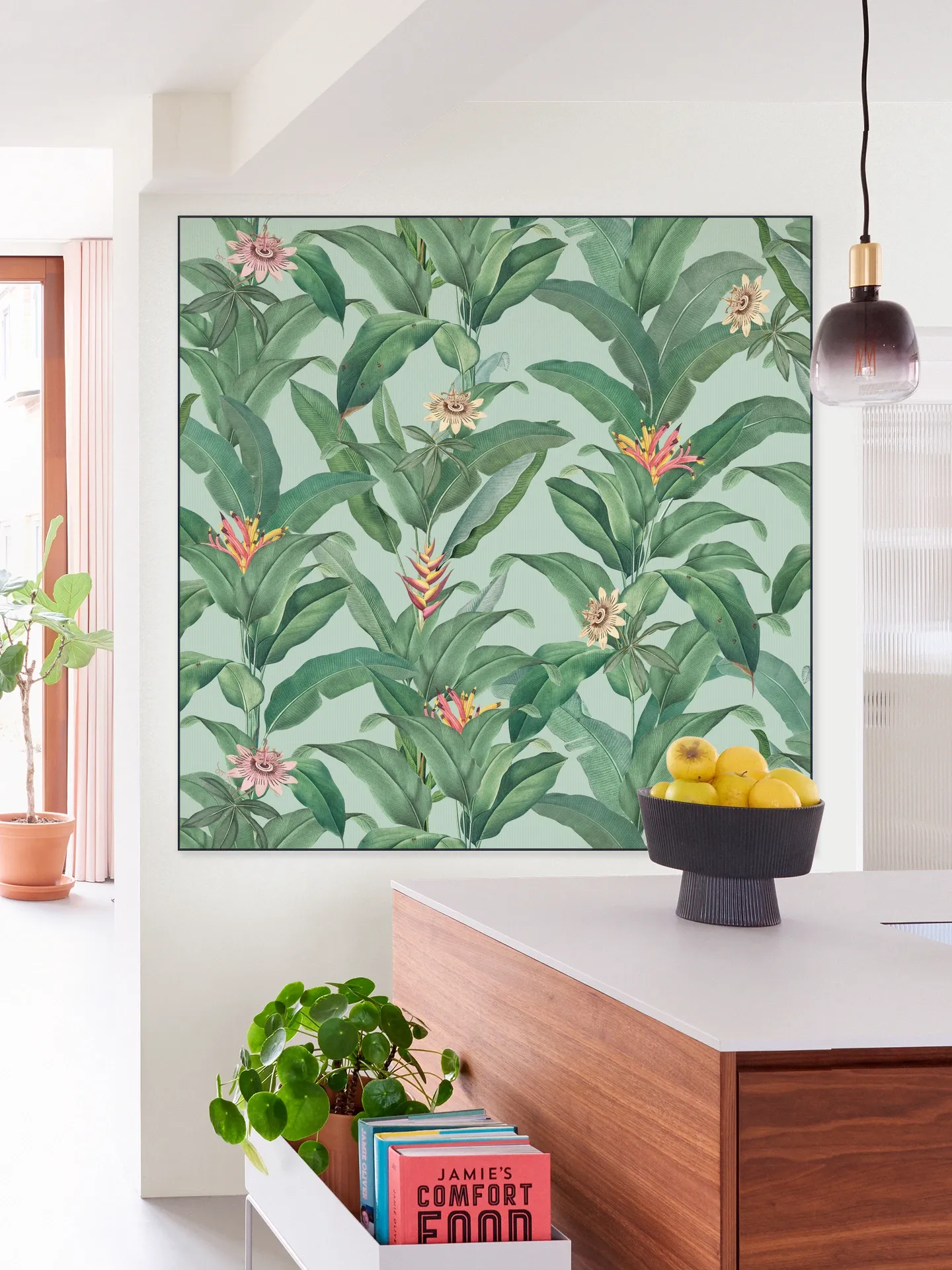 Tropical Jungle Climbing Leaves and passiflora flowers - mint