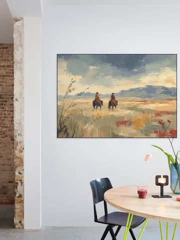Cowboys on Horseback on a Vast Desert Plain