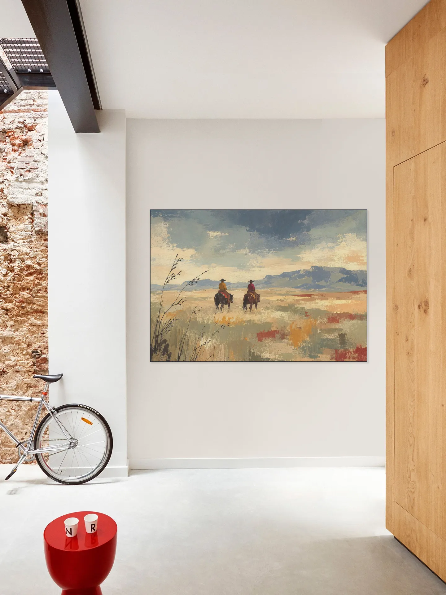 Cowboys on Horseback on a Vast Desert Plain