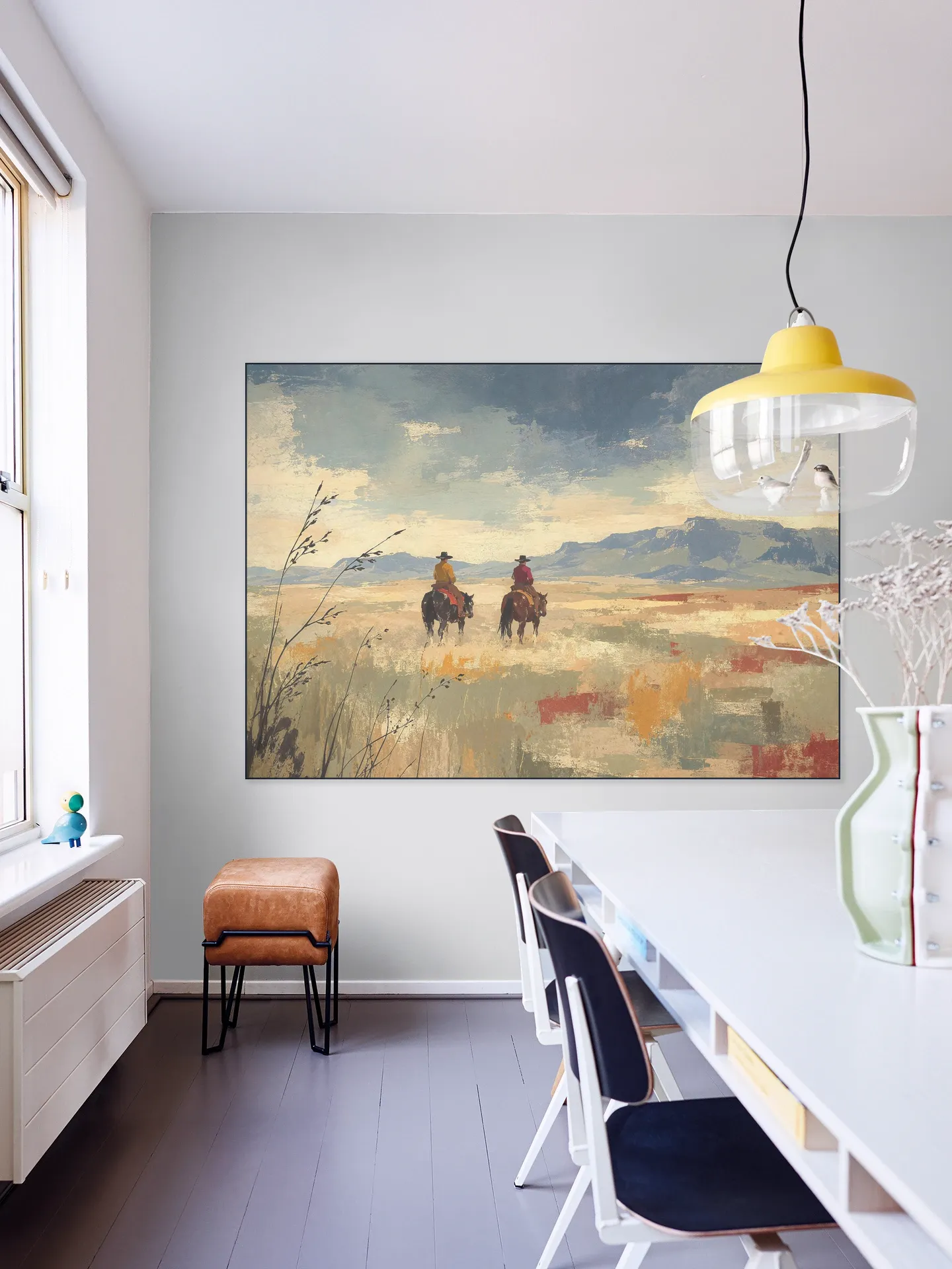 Cowboys on Horseback on a Vast Desert Plain
