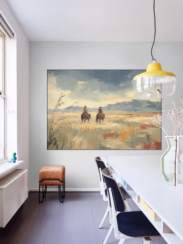 Cowboys on Horseback on a Vast Desert Plain