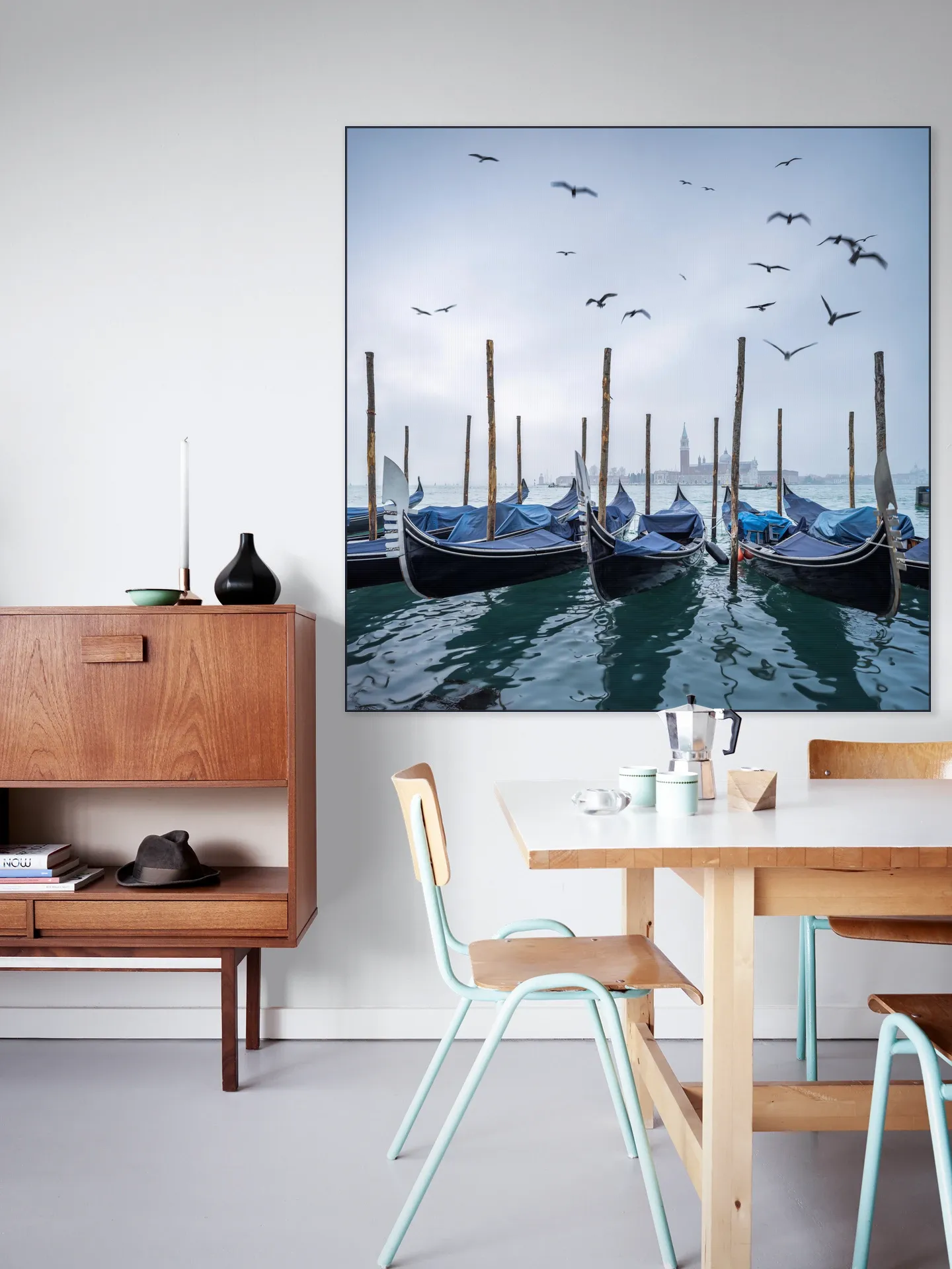 Gondolas at the pier with San Giorgio Maggiore island in the background, Venice, Italy