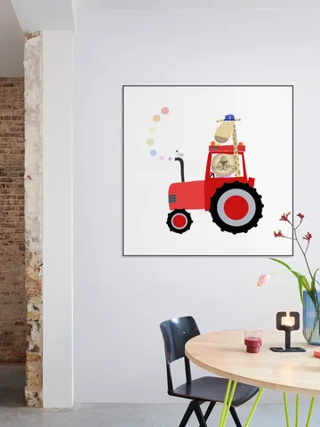 Giraffe and Lion in Red Tractor with Rainbow Spots