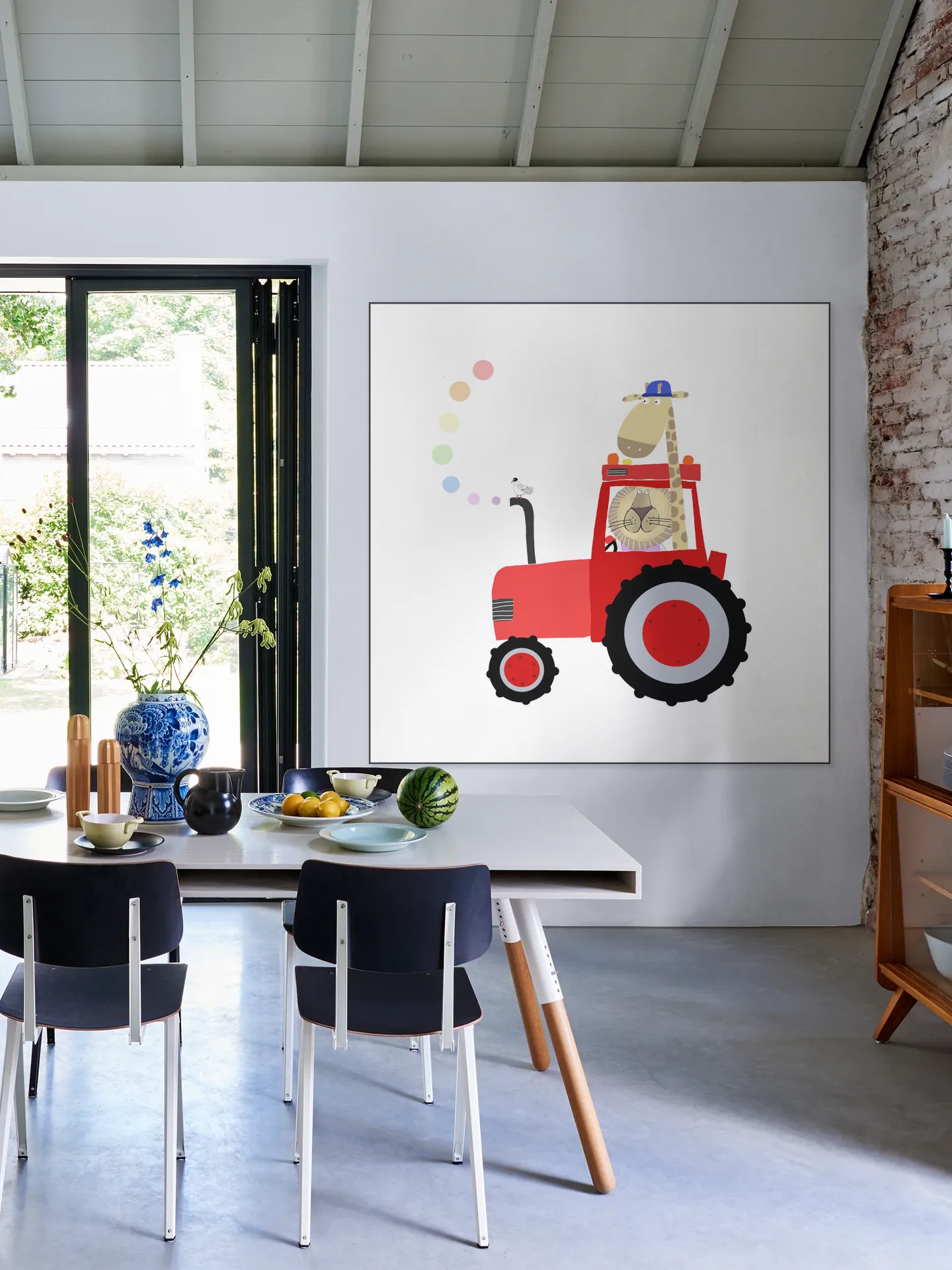 Giraffe and Lion in Red Tractor with Rainbow Spots