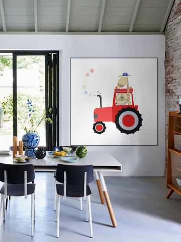 Giraffe and Lion in Red Tractor with Rainbow Spots