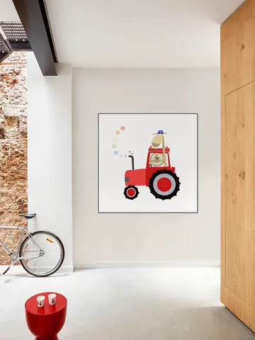 Giraffe and Lion in Red Tractor with Rainbow Spots