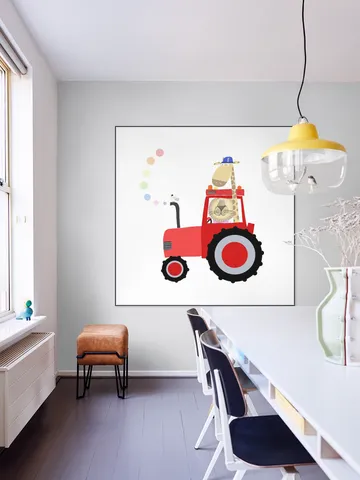 Giraffe and Lion in Red Tractor with Rainbow Spots