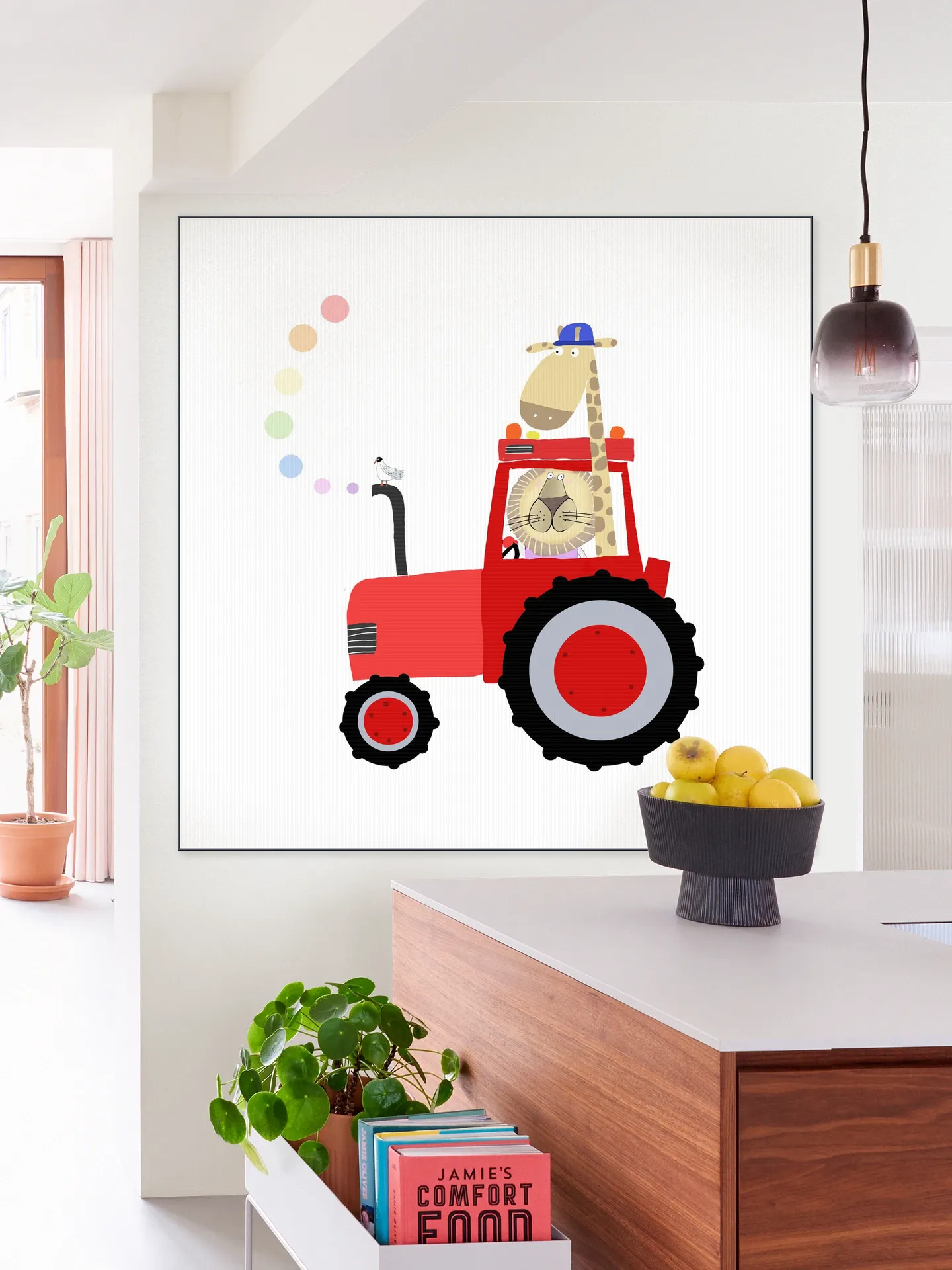 Giraffe and Lion in Red Tractor with Rainbow Spots
