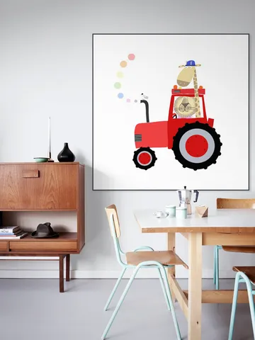 Giraffe and Lion in Red Tractor with Rainbow Spots