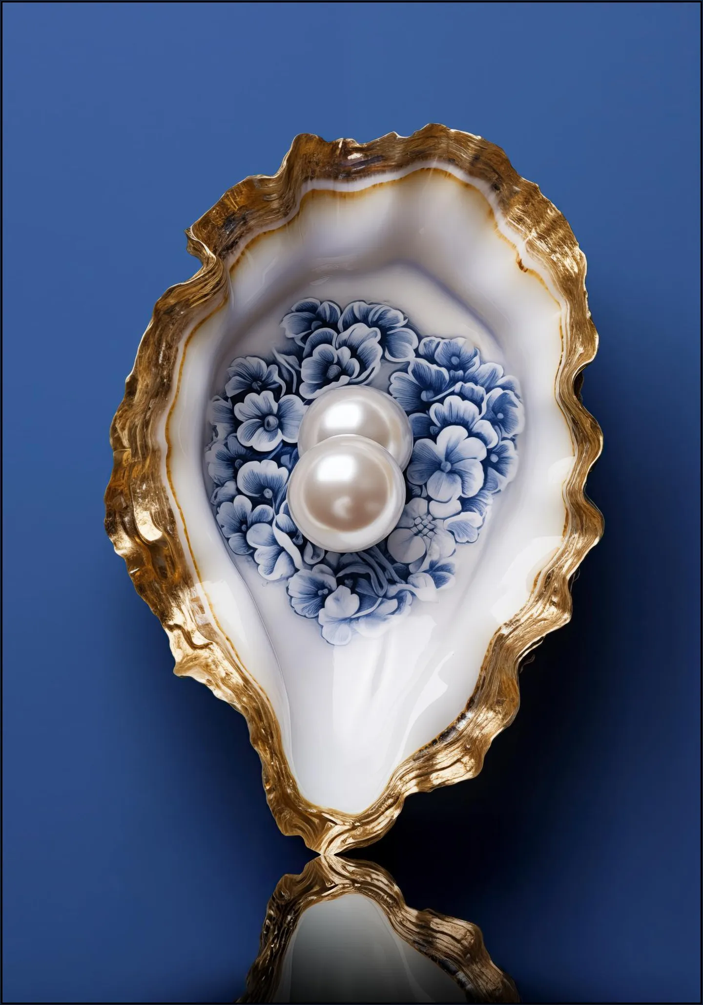 Delft Blue Oyster with Gold and Pearls