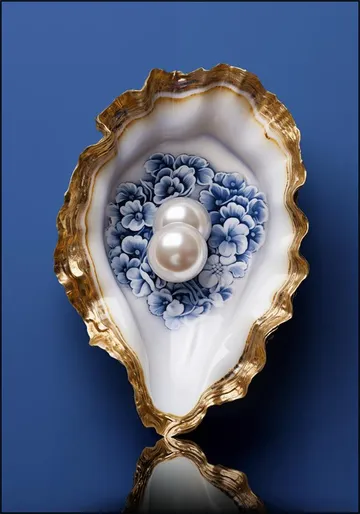 Delft Blue Oyster with Gold and Pearls