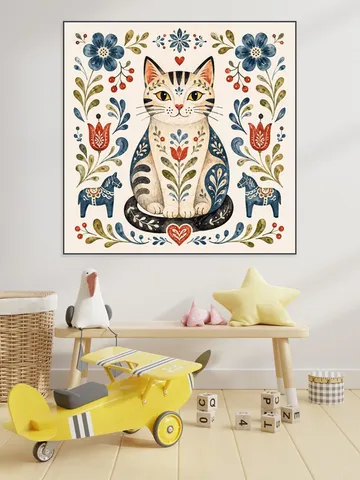 Scandinavian Folk Art - Cat with Flowers