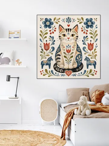 Scandinavian Folk Art - Cat with Flowers
