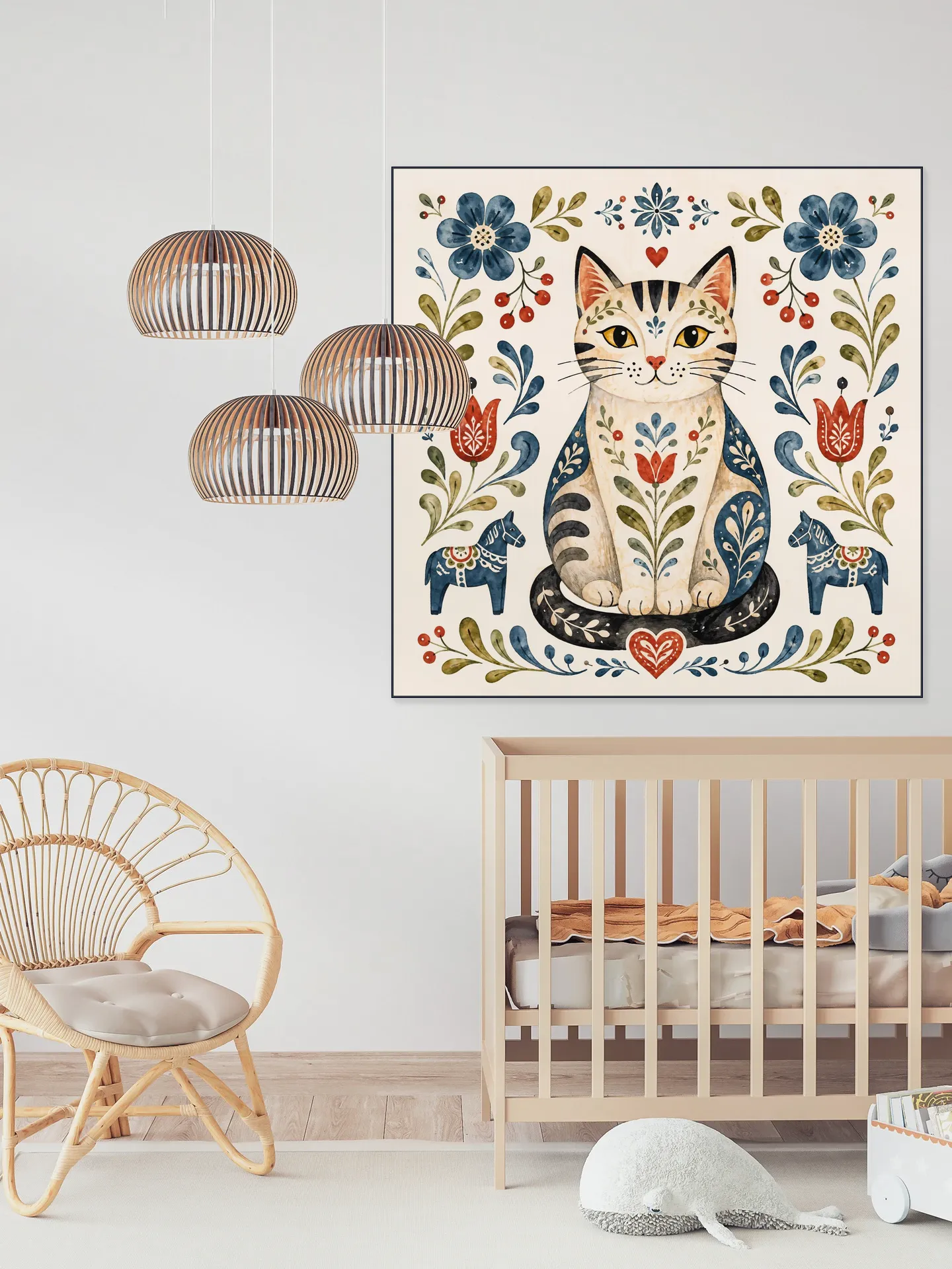 Scandinavian Folk Art - Cat with Flowers