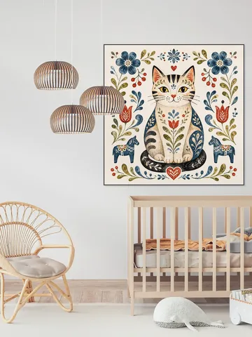 Scandinavian Folk Art - Cat with Flowers