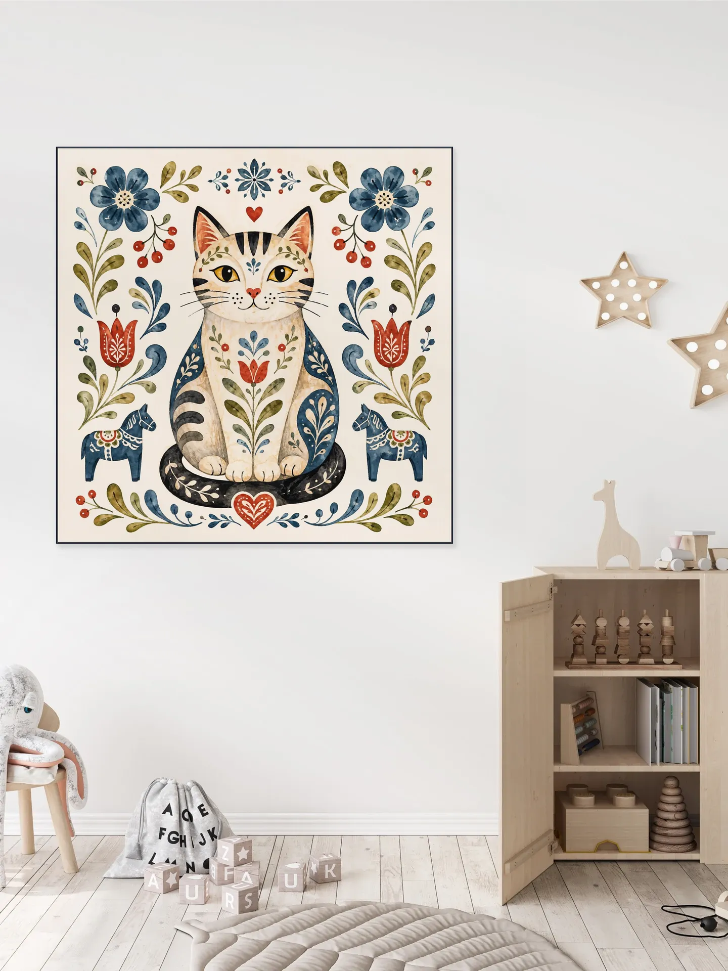 Scandinavian Folk Art - Cat with Flowers