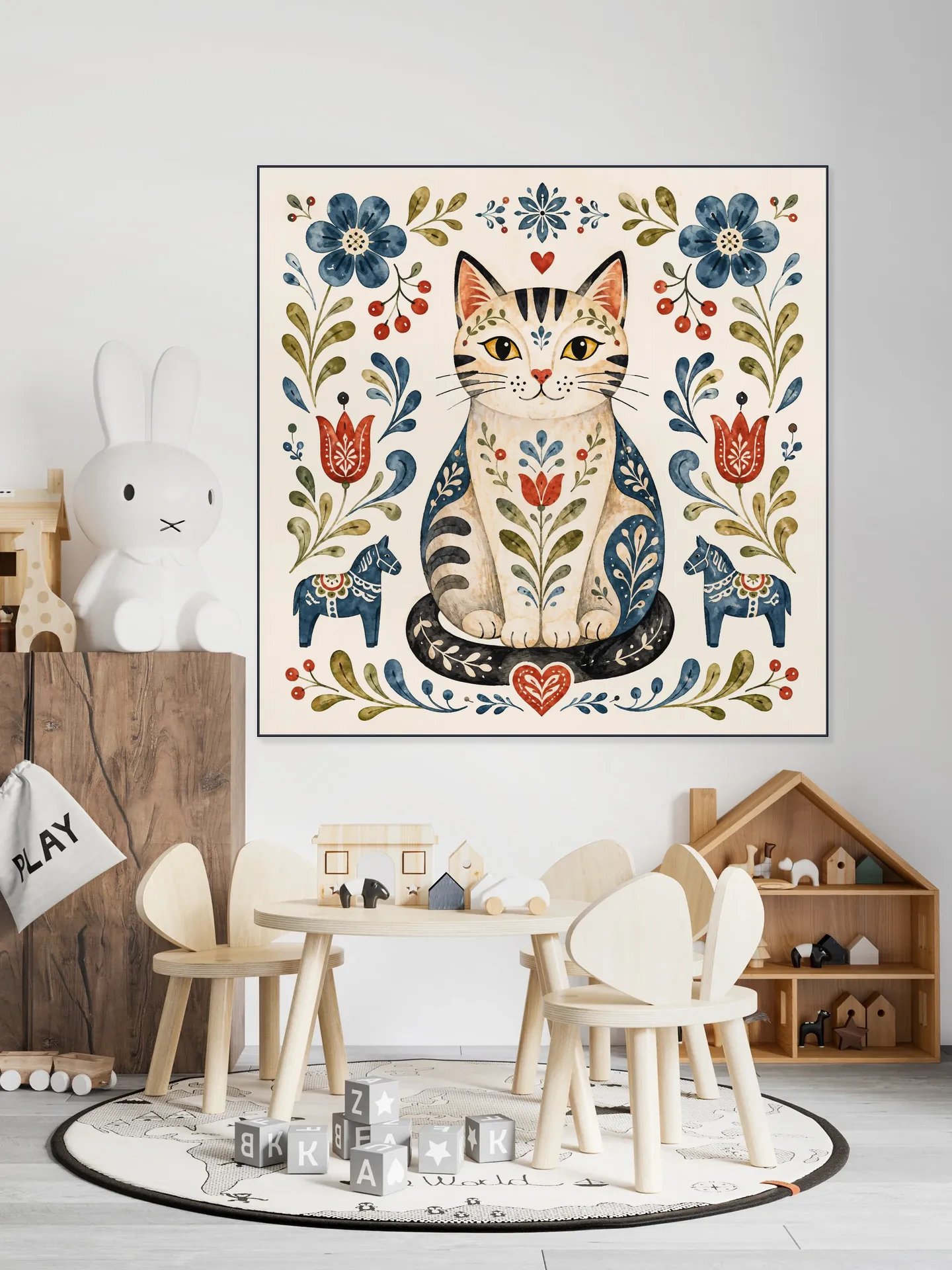 Scandinavian Folk Art - Cat with Flowers