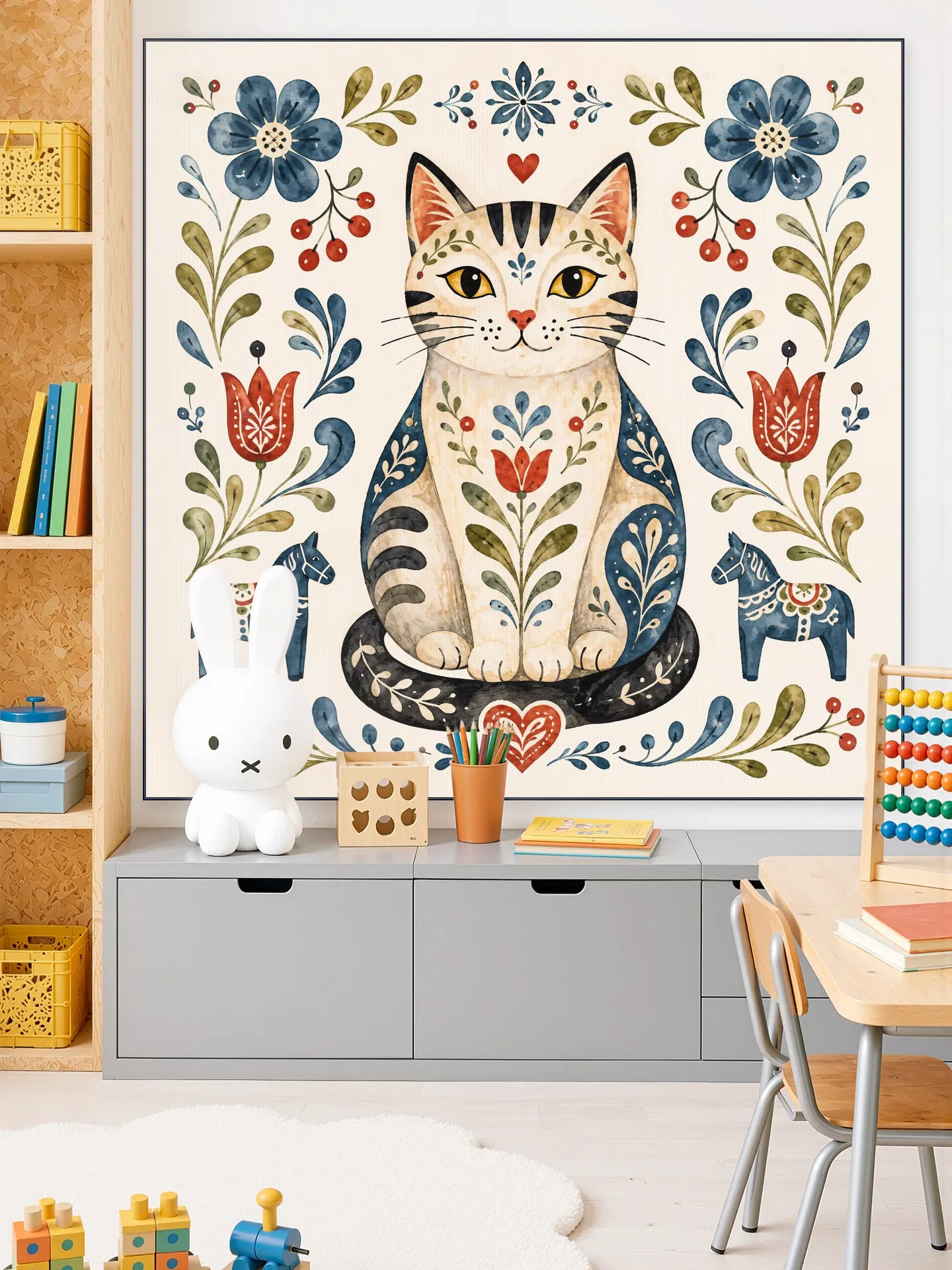 Scandinavian Folk Art - Cat with Flowers