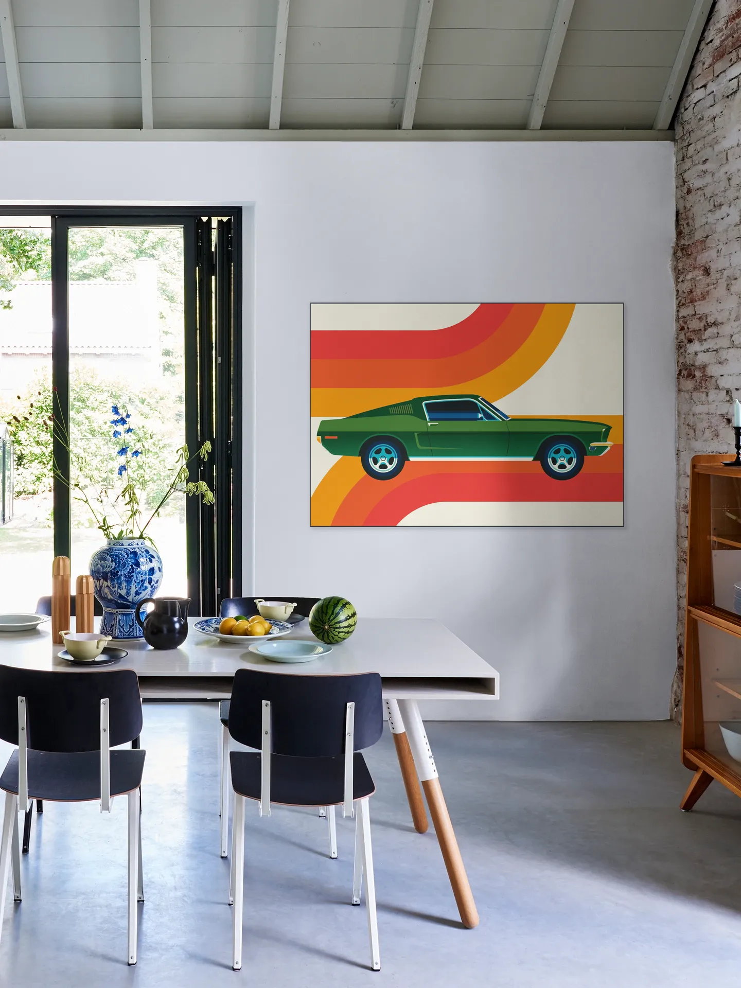 Green Vintage Sports Car with Stripes