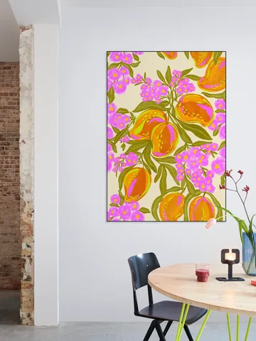 Tropical Theme With Lush Mangoes And Flowers