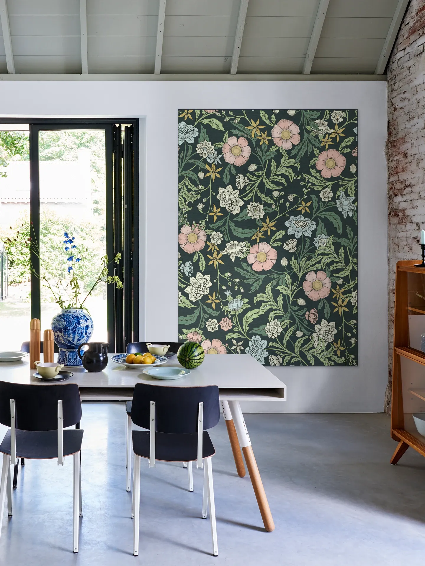 Morris trailing floral foliage - dark green, pink