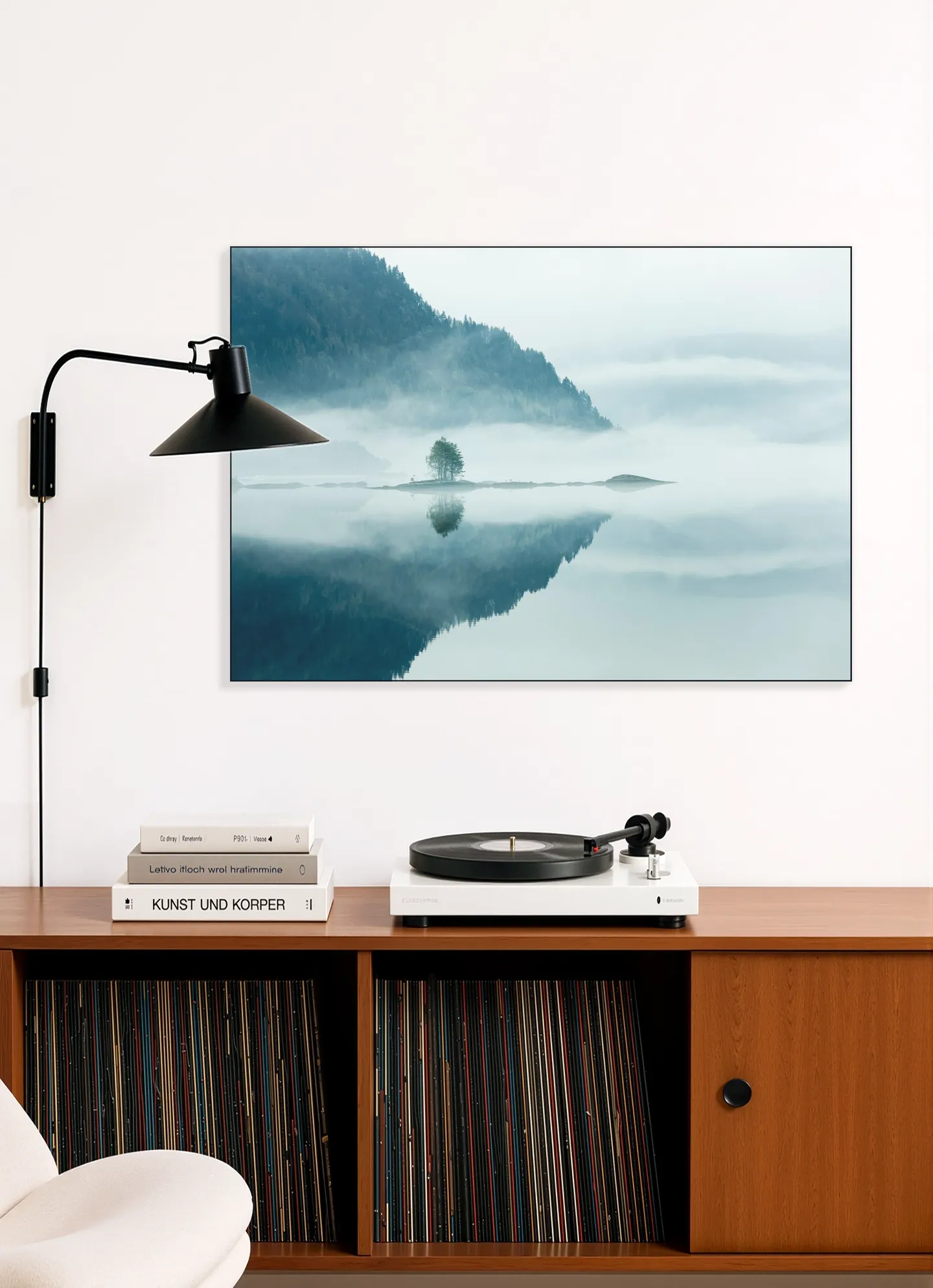 Mirror Calm Lake With Lone Tree In Mist