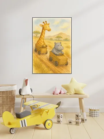 Giraffe and Hippopotamus Having a Soapbox Race