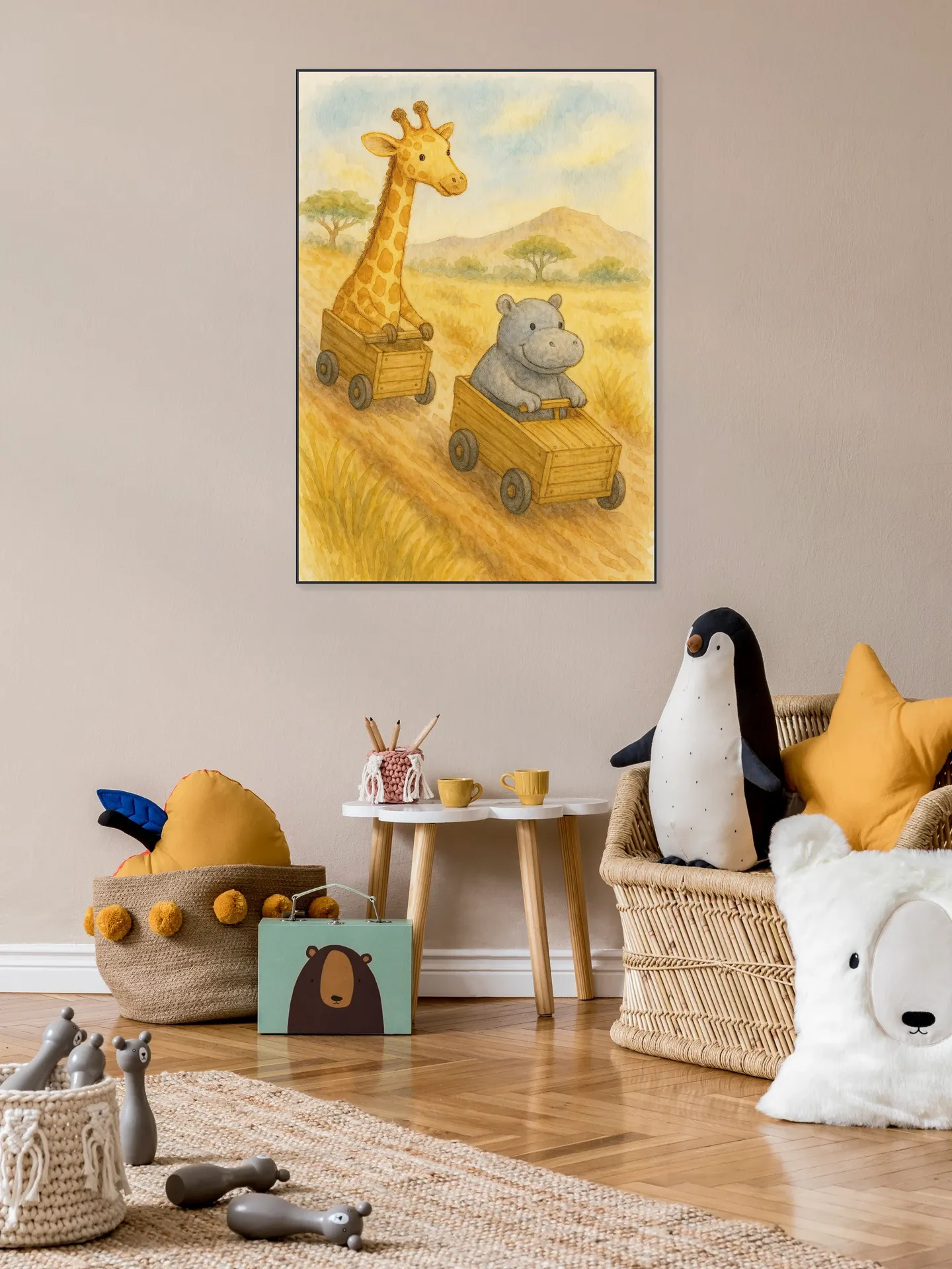 Giraffe and Hippopotamus Having a Soapbox Race