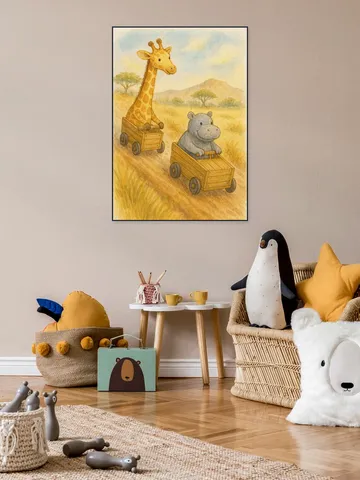 Giraffe and Hippopotamus Having a Soapbox Race
