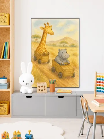 Giraffe and Hippopotamus Having a Soapbox Race